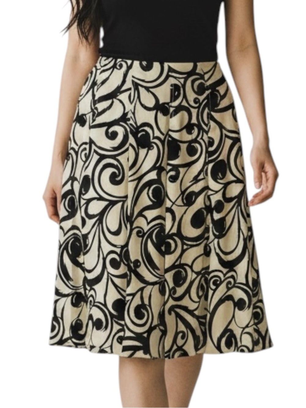 Talbots Black Cream Silk Pleated CottageCore Skirt NWOT Size 4